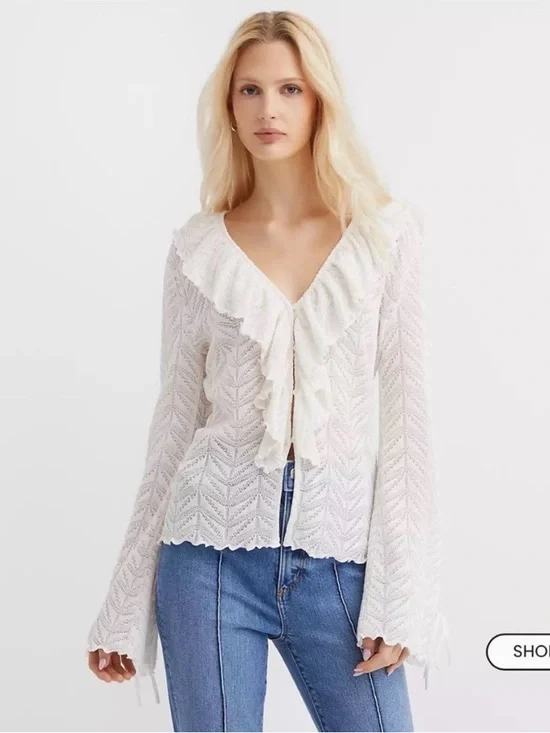 Loft Pointelle Ruffle Tie Cuff Top - Picture 2 of 9